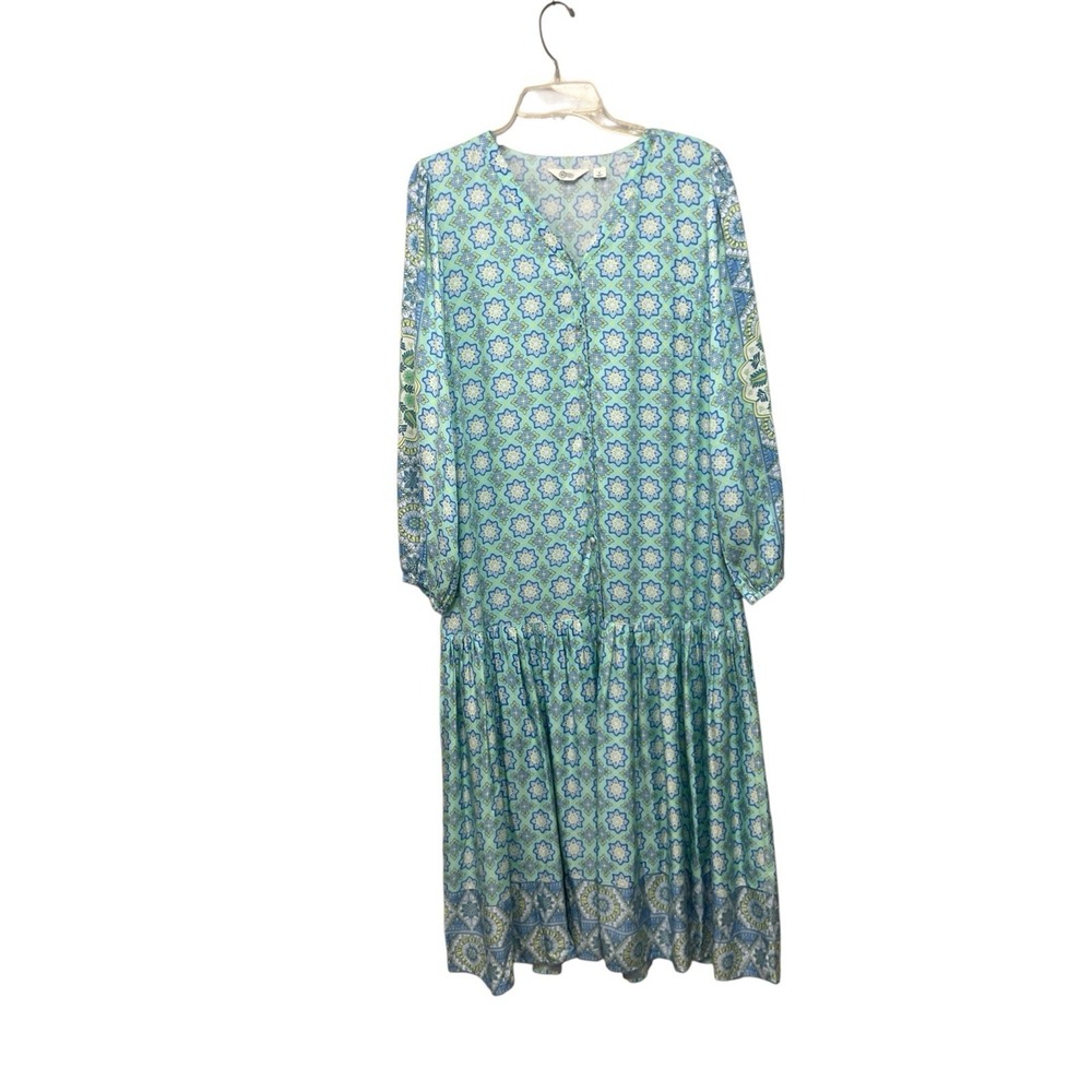 Peasant Modest Maxi Floral Long Sleeve Blue Yellow Drop Waist Belt Soft Dress M